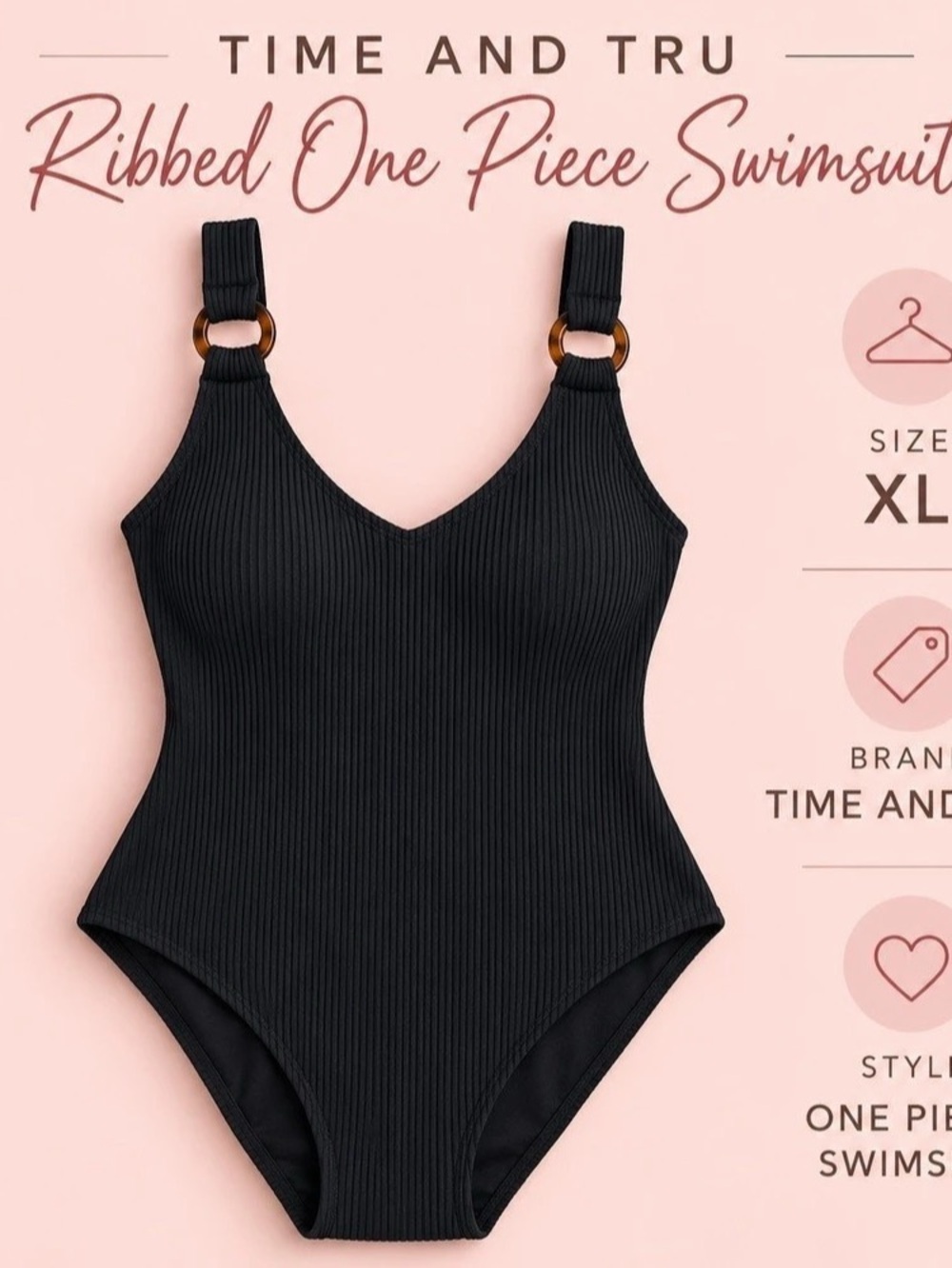 Time and Tru Women's Textured Ribbed O-Ring One Piece Swimsuit Black XL